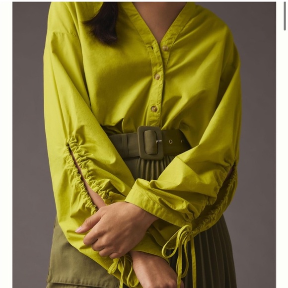 Anthropologie Tops - Pilcro Anthropologie Drawstring Chartreuse Poplin Button Blouse medium green